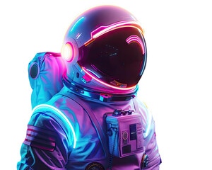 An astronaut in a spacesuit with a glowing visor and colorful lights on the suit.