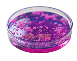 Petri dish with pink bacteria growing on agar.