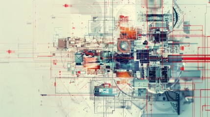 Abstract digital artwork with layered geometric shapes, lines, and texture, suggesting complexity and data structure, rendered in a palette of muted colors and technical schematics.