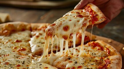 A hand lifting a pizza slice, the cheese stretch a testament to the perfect blend of toppings and melt