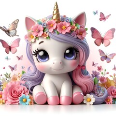 Fototapeta premium Cute unicorn with flowers and butterflies isolated on a white background , 3D