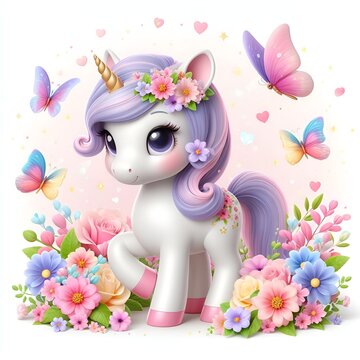 Cute unicorn with flowers and butterflies isolated on a white background , 3D
