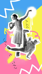 Poster. Contemporary art collage. Monochrome ballerina nd breakdancer moves in music rhythm against vibrant background. Concept of fashion, modern and retro fusion. Trendy magazine style.