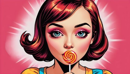 Illustrate a pop art girl with a lollipop adding