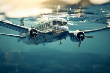 Artful depiction of a propeller plane partially submerged in tranquil water against a dreamy backdrop - Powered by Adobe