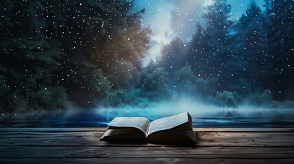 Obraz premium open book on a wooden counter under the night sky, misty background