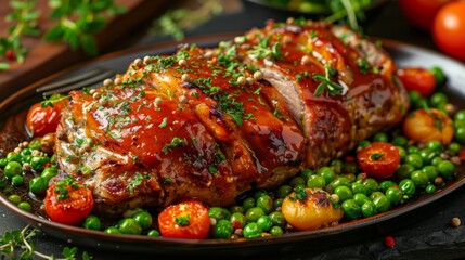 American cuisine. Roast with pepper sauce and peas. 