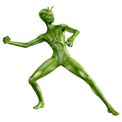 3D Rendering Green Alien on White