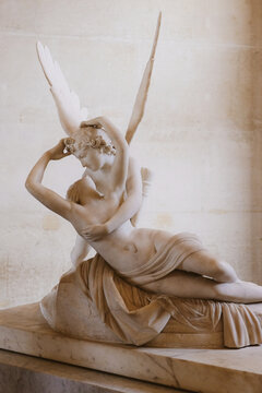 Paris, France - May 3, 2019: Psyche Revived by Cupid's Kiss, sculpture by Italian artist Antonio Canova exposed at the Louvre Museum.
