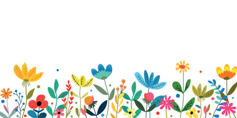 Horizontal botanical background with hand drawn fantasy flowers. Floral vector flat illustration isolated on white background. Banner with colorful blooming flowers.