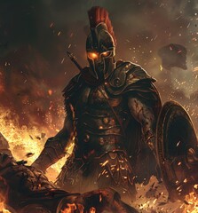 muscular strong spartan warrior with a shild and sword in the war