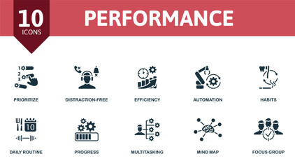 Performance set. Creative icons. Editable elements.