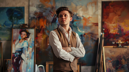 Portrait of a young artist in his studio.