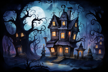 A cartoon haunted house with a full moon and spooky trees.