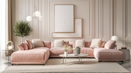 frame mockup, home living room interior with lovely light pink sofa, 3D render