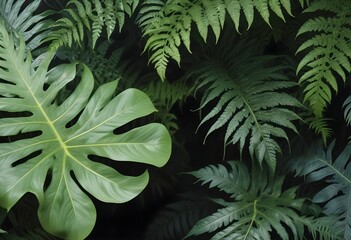 Lush tropical jungle foliage with a close-up of a green fern frond
