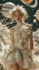 Beautiful top model woman in the space, futuristic space. AI Generated