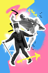Poster. Contemporary art collage. Talented young dancers dancing in retro and sport style clothes against vibrant background. Concept of fashion, modern and retro fusion. Trendy magazine style.