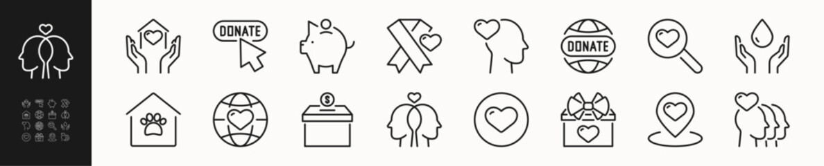Charity and donate line icons set 2. Volunteer, donation, monetary assistance, help, care, animals, donor sign and symbol. Isolated on a white background. Pixel perfect. Editable stroke. 64x64.