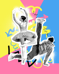 Poster. Contemporary art collage. Classical and sporty. Male and female dancers moves in different dance styles against vibrant background. Concept of fashion, modern and retro. Trendy magazine style.