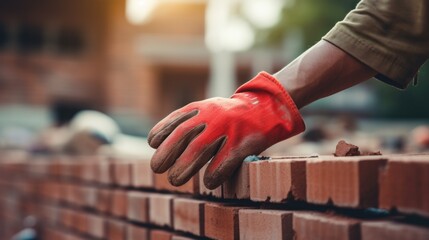 A worker wearing gloves is laying bricks on the wall, a close-up of hands and brickwork on a construction site