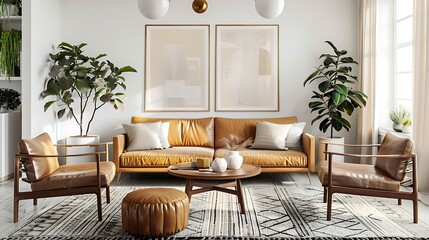 Stylish midcentury modern living room with tan leather sofa round coffee table and armchairs white...