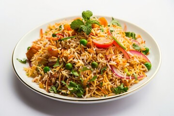 Veg biryani or veg pulav/pulao, pilaf Fried rice Indian food, white background, vegetable pulao
