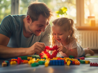 Father and daughter playing with colorful plastic blocks. Concept of happy family.