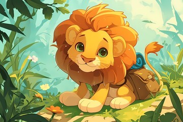 a lion wears a bag in nature