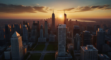 Fototapeta premium Wide perspective of drone shot of a busy City skyline at sunset, with copy space, realistic photo, 