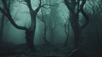 Moody dark forest with misty atmosphere, ideal for mystery novels and suspenseful storytelling