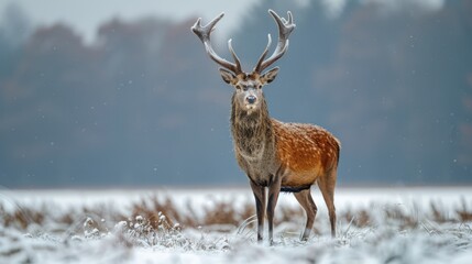 Red deer (Cervus elaphus) on a snowy meadow; Bavaria, Germany Generative AI