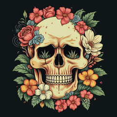 Cute skull with flowers, All Saints' Day. illustration. artificial intelligence generator, AI, neural network image. background for the design.