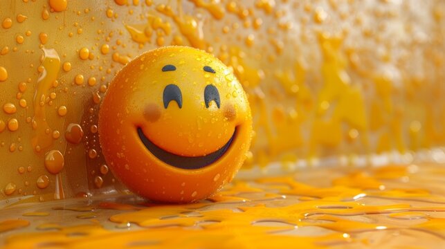 A yellow smiley face sitting on a wet surface with orange liquid, AI