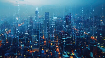 Obraz premium Futuristic cityscape backdrop, ideal for tech companies and innovation-driven ad campaigns.