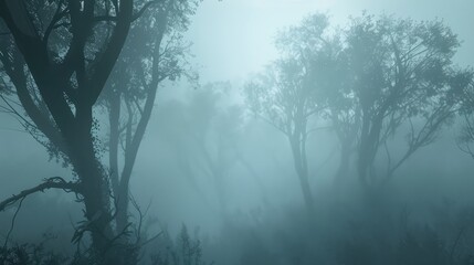 Fototapeta premium Dreamy misty forest shrouded in fog, ideal for mysterious storytelling and atmospheric nature-themed designs.