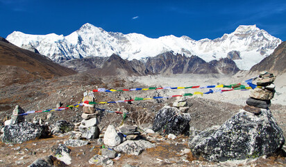 Mount Cho Oyu with prayer flags, way to Cho Oyu base camp