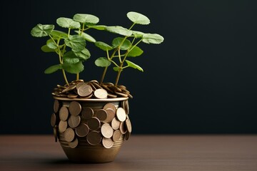 Conceptual image of a green plant sprouting from coins, symbolizing investment growth