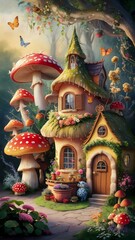 Fototapeta premium Resembles a Mushroom: The house is surrounded by a variety of flora, including vibrant flowers, mushrooms, and butterflies.