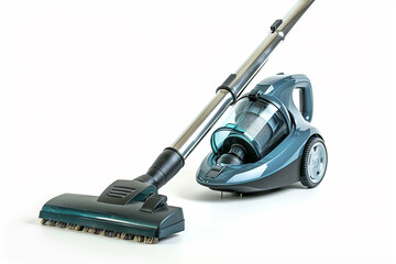 A powerful upright vacuum cleaner with a specialized pet hair attachment for efficient removal of pet hair isolated on a solid white background.