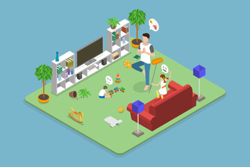 3D Isometric Flat Vector Illustration of Calm Father, Dad in Chaos