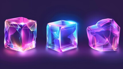 The 3d crystal light holographic glass cube modern isolated icon is a realistic geometric translucent block shape set with purple hologram reflections on different angles.