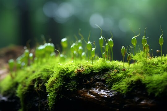 Close-up of vibrant green moss and sporophytes on a wooden surface, with soft-focus forest background