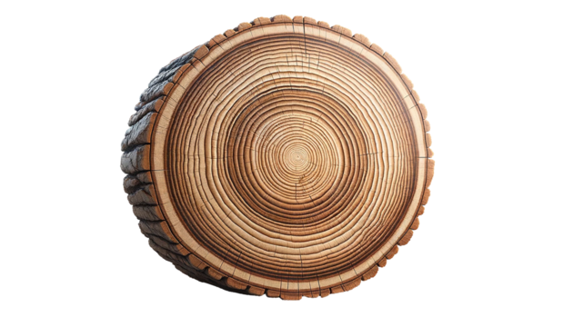 round wooden tree slice isolated on white background