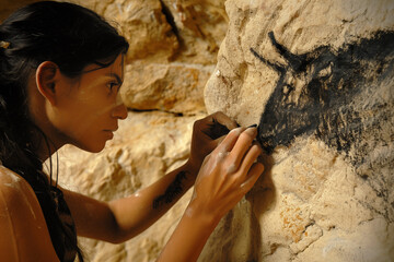Femme Homo sapiens en train de dessiner la peinture rupestre  d'un bovin dans une grotte avec un morceau de charbon