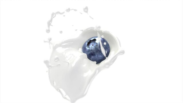 Blueberry falling in milk splash slow motion, depth of field