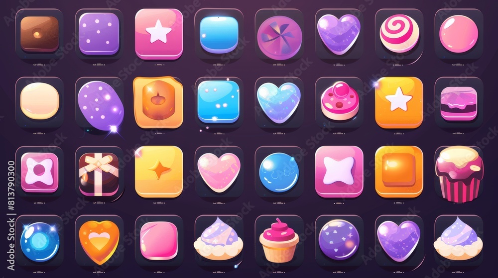 Poster icon and button modern cartoon design set for ui game interface with candy match. illustration of gl