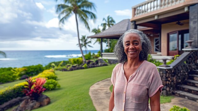 Caribbean Boutique Resort Owner with Curly Gray Hair Giving Tour by the Beach

