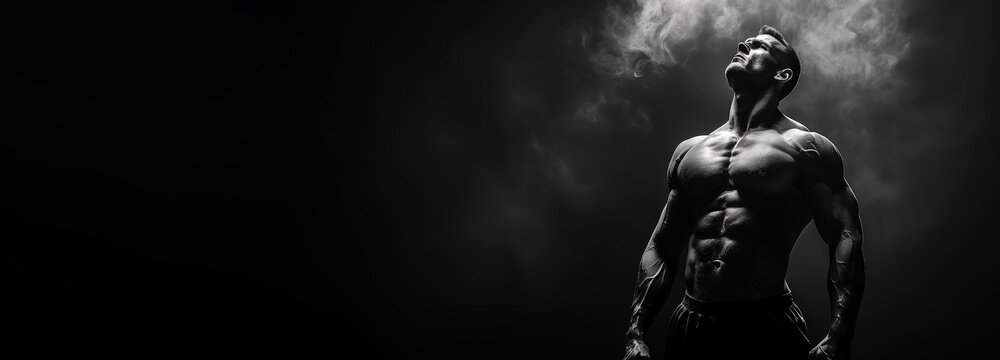 Bodybuilding fitness banner with muscular bodybuilder flexing muscles posing on black background - Powered by Adobe