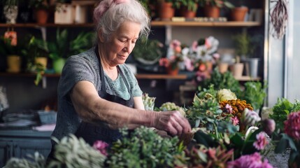 Senior Florist with Pink Highlights Crafting Sustainable Arrangements in Eco-Friendly Flower Shop